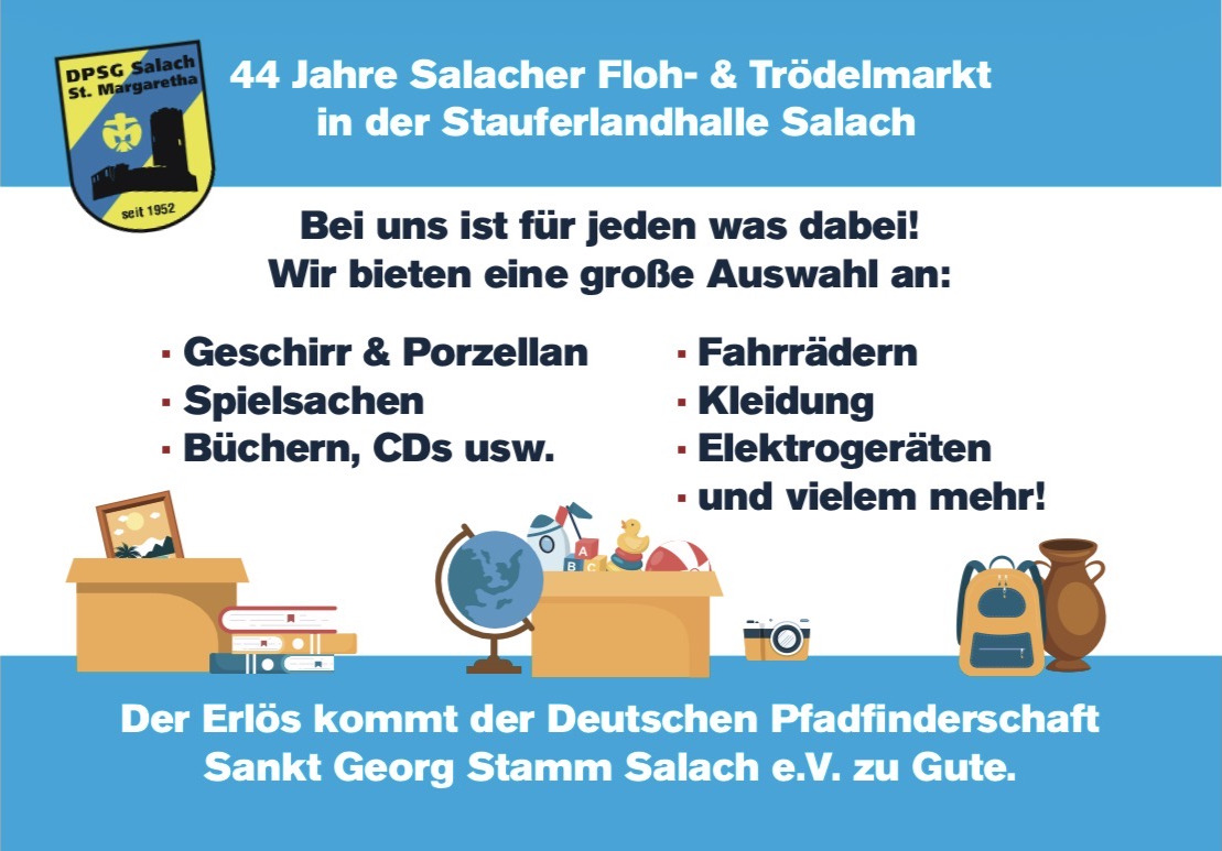 Salacher Floh- und Trödelmarkt: Stauferlandhalle Salach, Sonntag, 10. Mai 2026, 9:00-17:00 Uhr